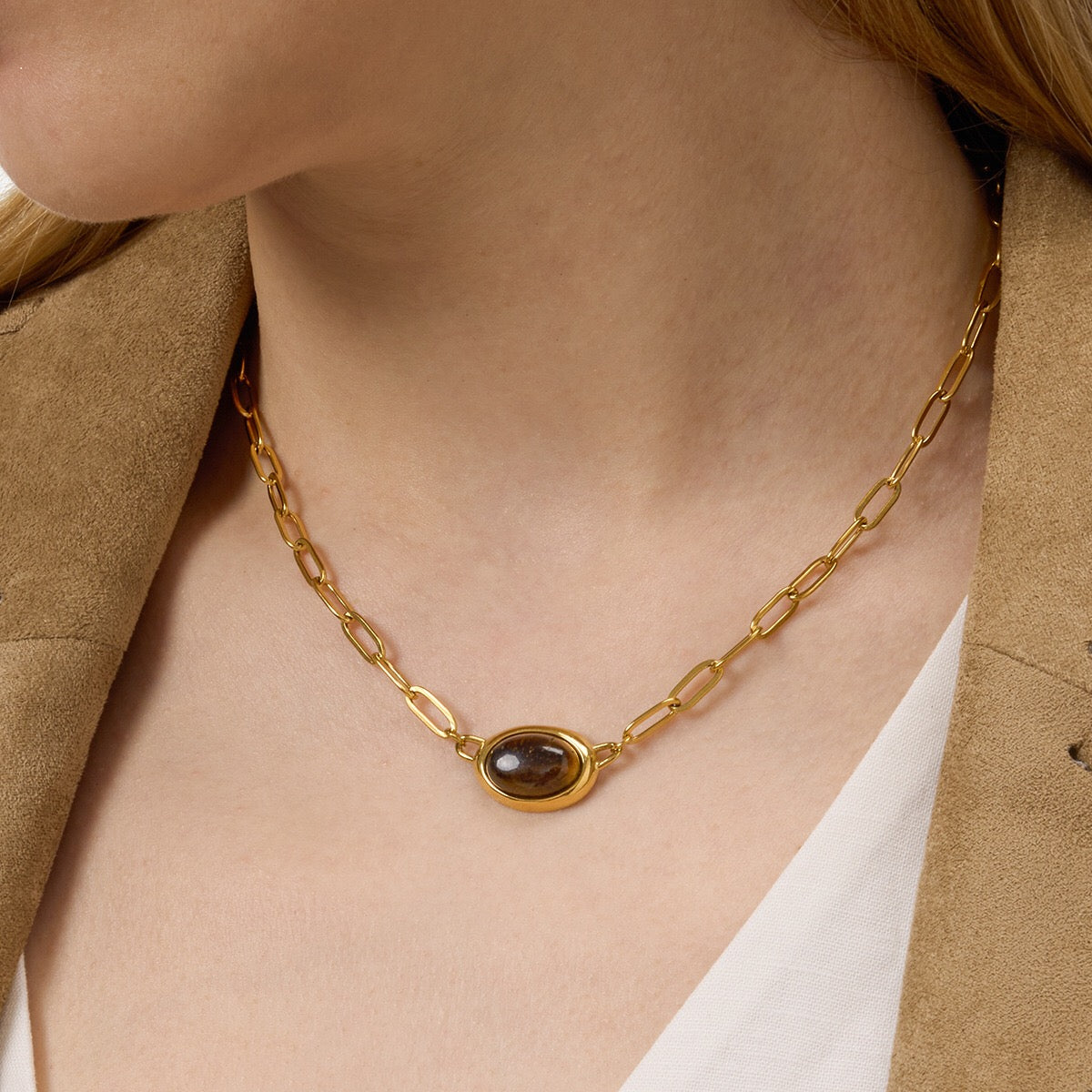 18K Gold Tiger Eye Paperclip Chain Herringbone Choker Layered Necklace Set