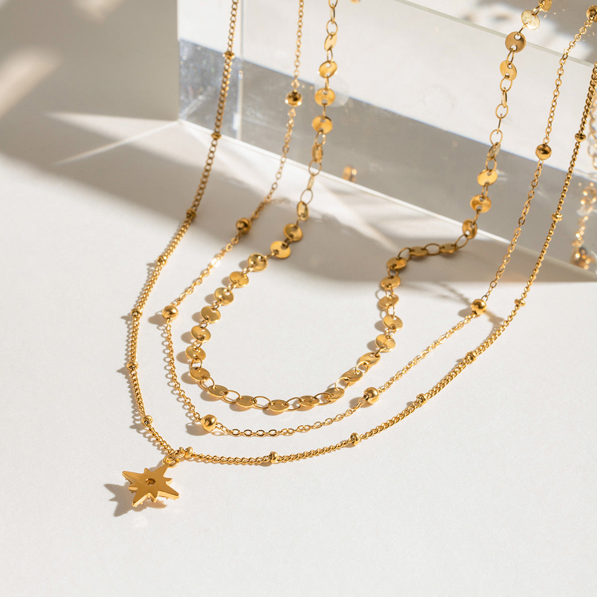 18K Gold Northern Star Pendant Chain Layered Necklace Set