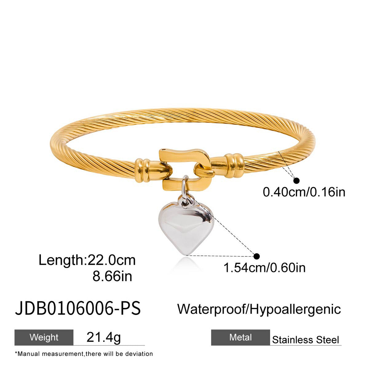 18K Gold and Silver Two Tone Heart Charm Bangle Bracelets