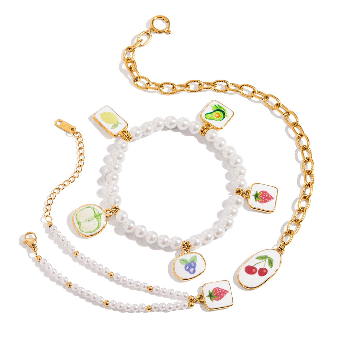 18K Gold Tropical Fruit Charm Pearl Chain Bracelet Stack