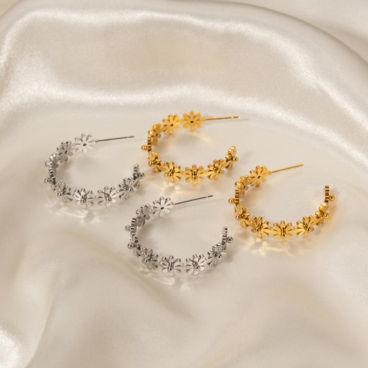 18K Gold Flower Blossom Hoop Huggie Earrings