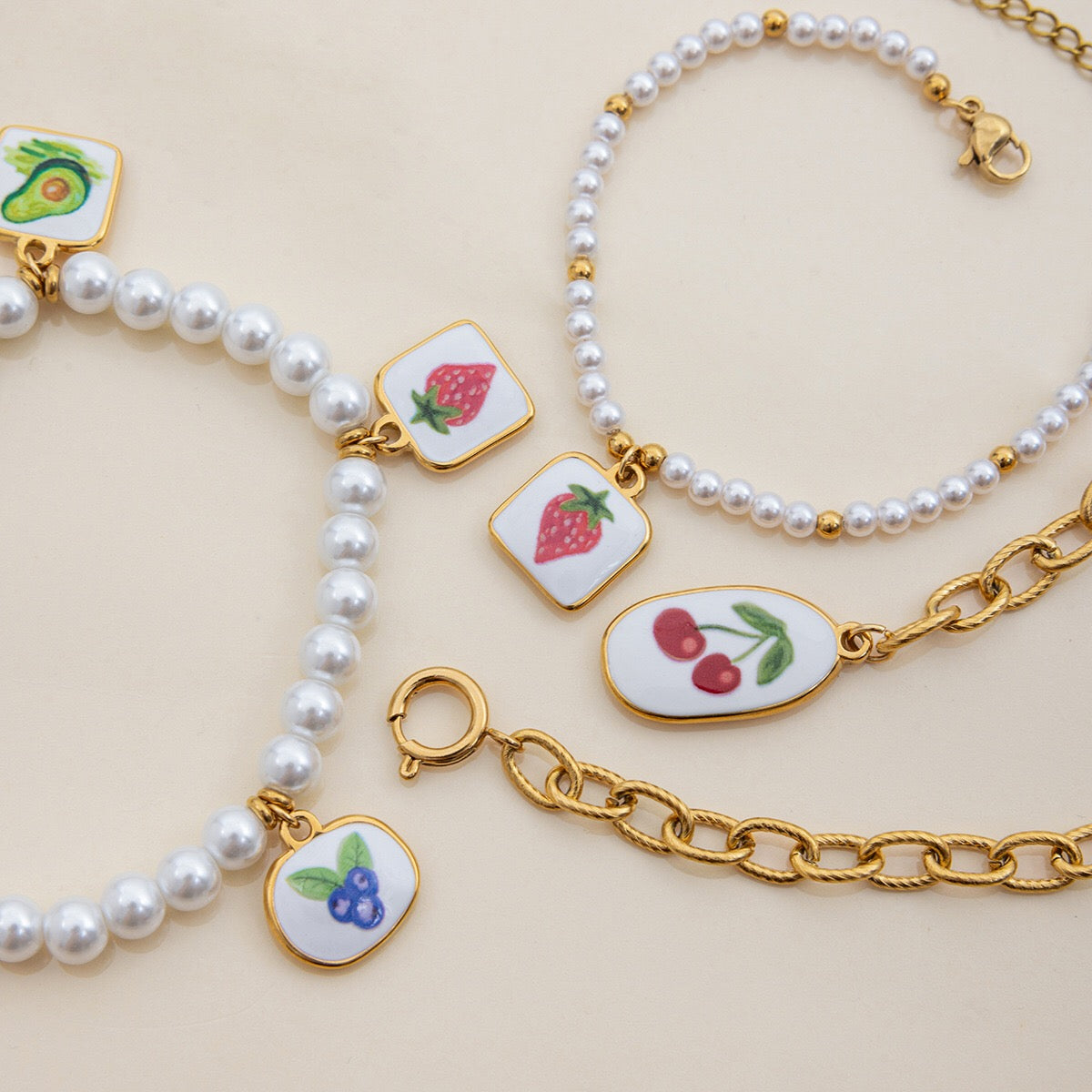 18K Gold Tropical Fruit Charm Pearl Chain Bracelet Stack