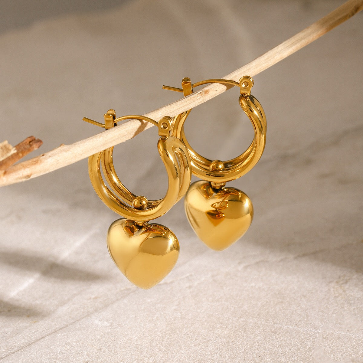 18K Gold Heartbreaker Sliding Heart Dangle Hoop Earrings