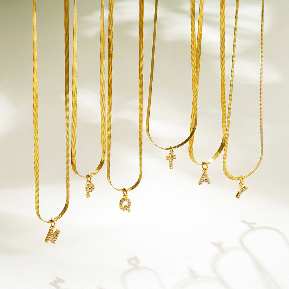 18K Gold Minimalist Glam Herringbone Chain Initial Dainty Necklace