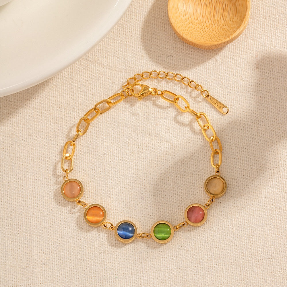 18K Gold Color Cat's Eye Gemstones Chain Bracelet