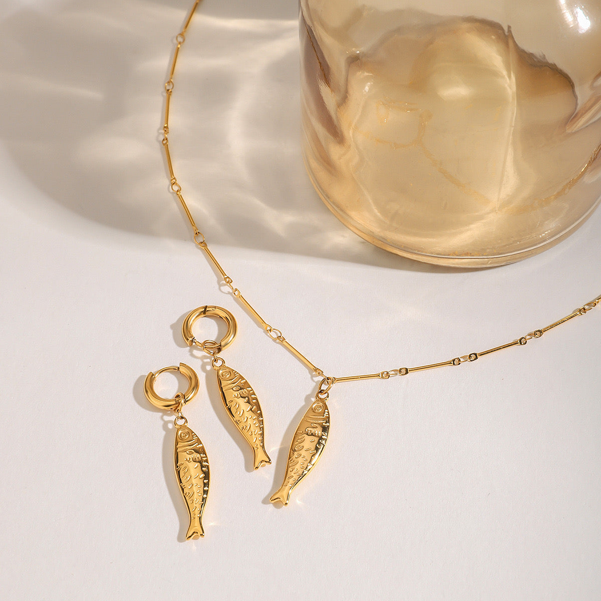 18K Gold Ocean Themed Fish Small Hoop Huggie Earrings with Charm