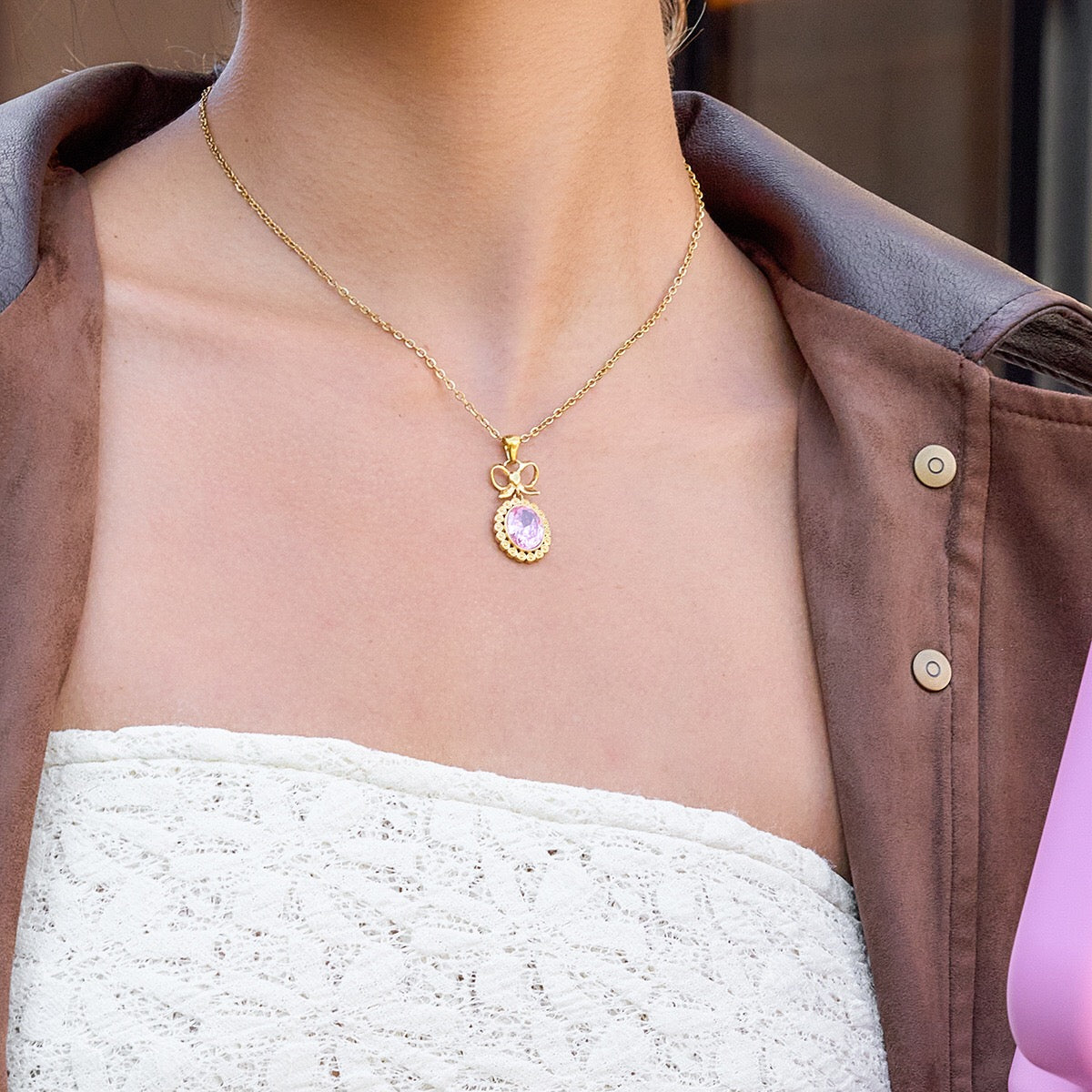 18K Gold Pink Majesty Bow Pendant Necklace