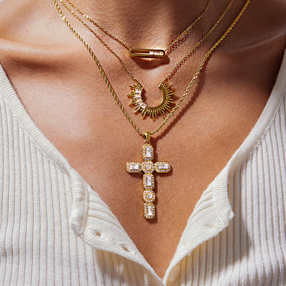 18K Gold Bejeweled Cross Sunburst Pendant Statement Layered Necklace Set