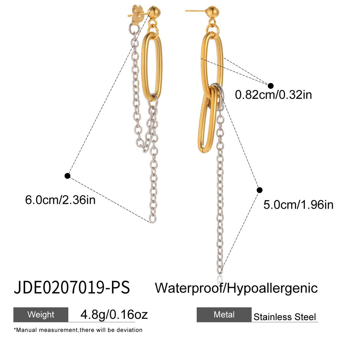 18K Gold and Silver Two Tone Paperclip Chain Mismatched Dangle Drop Stud Earrings