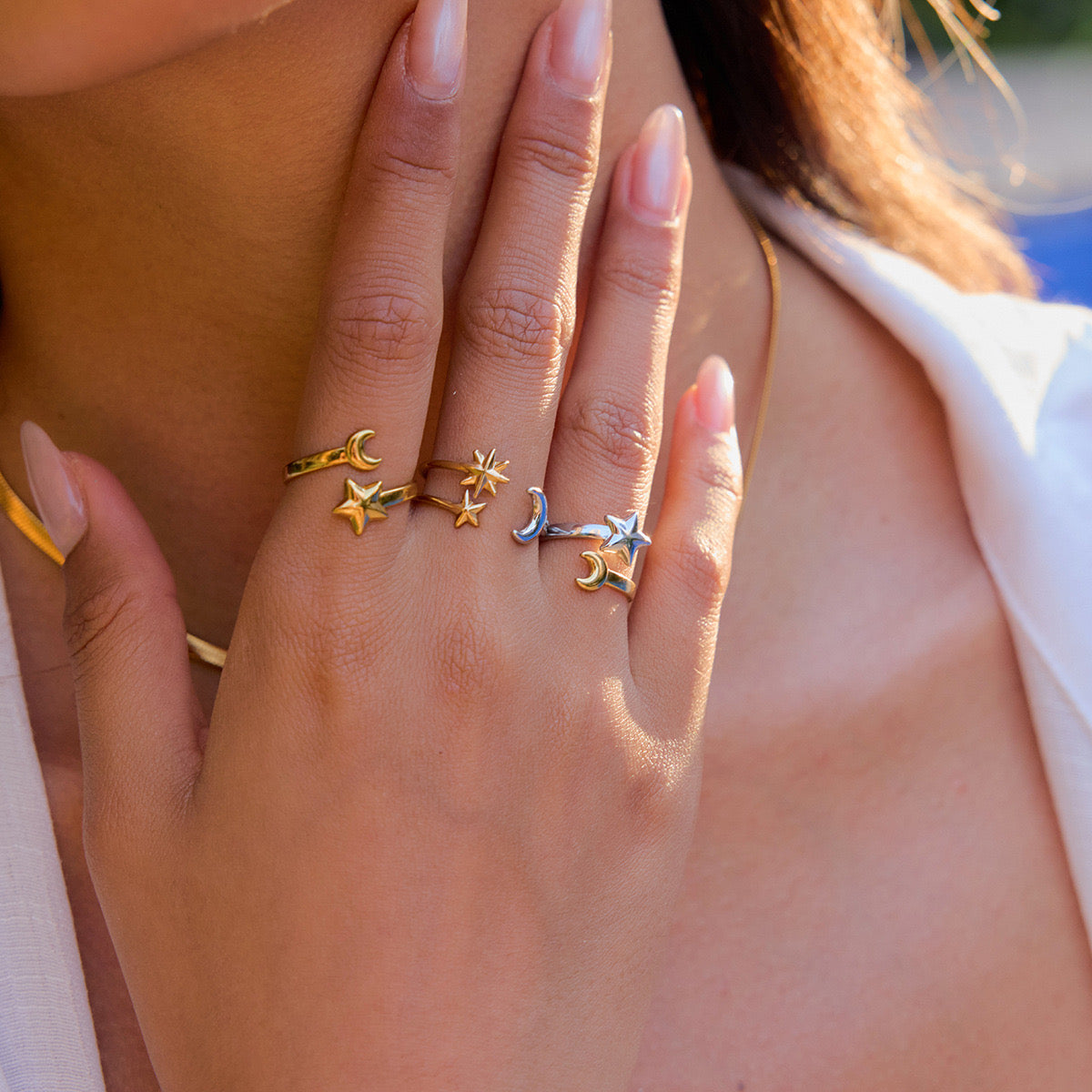 18K Gold Star and Moon Two Tone Silver Ring