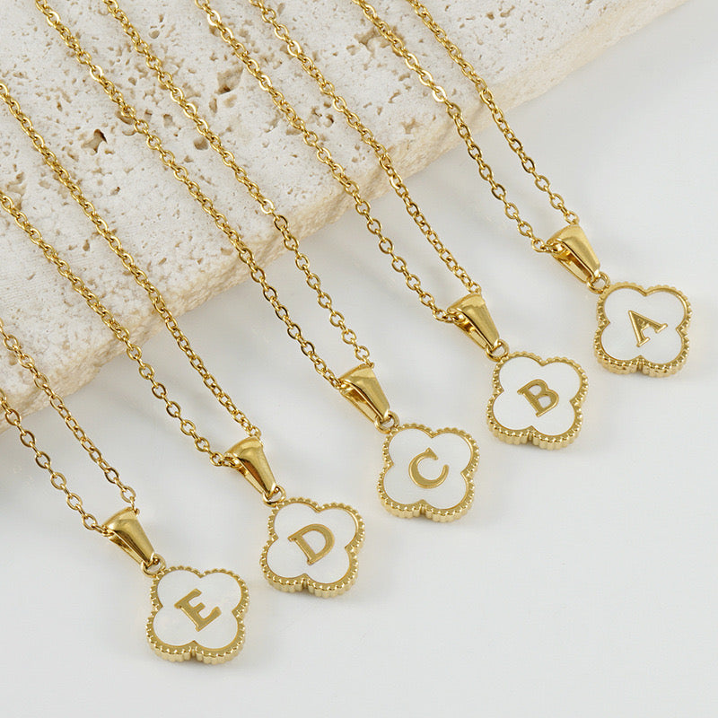 18K Gold Initial Letter Clover Pendant Necklace