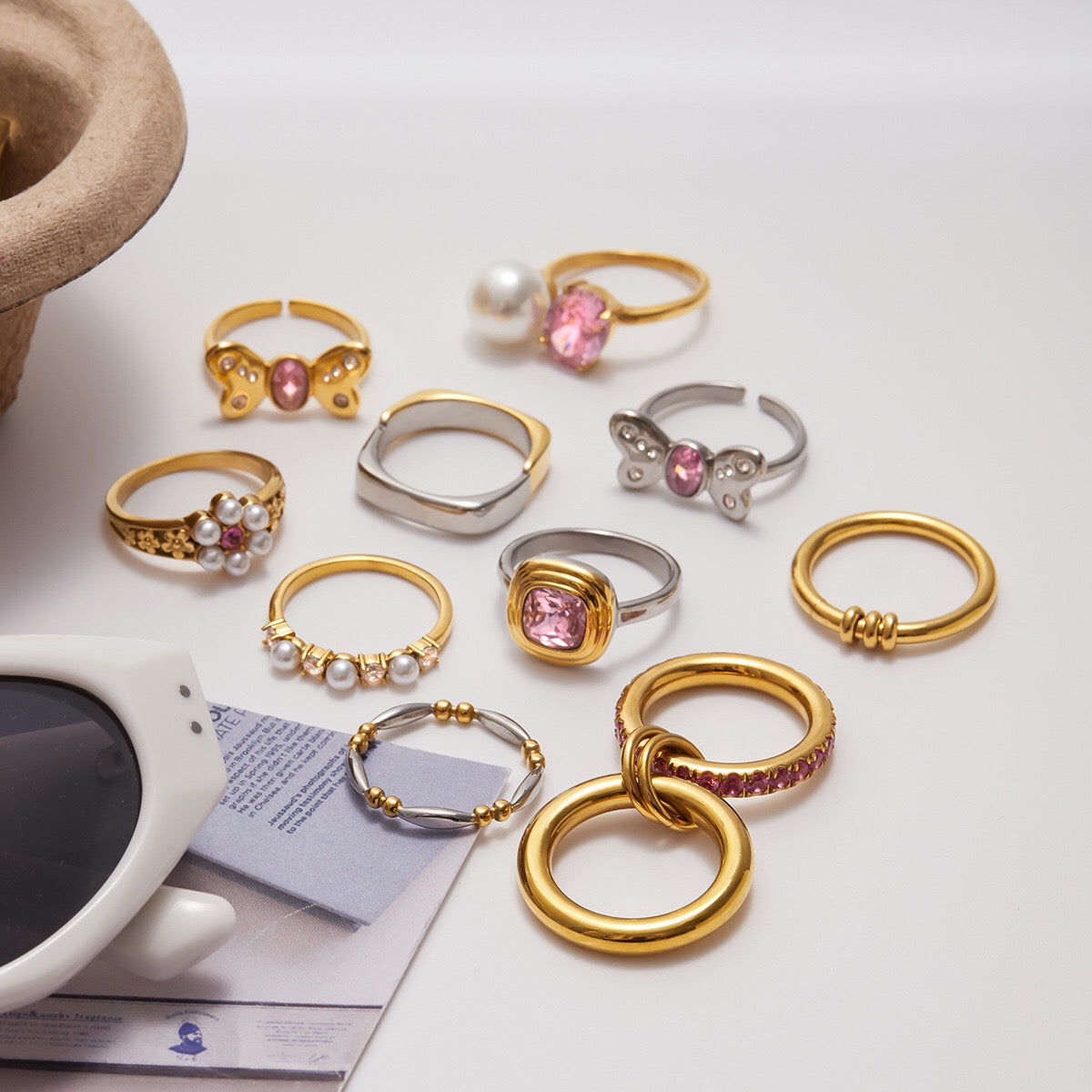 18K Gold Pink Princess Statement Stacking Rings