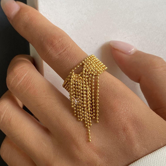 18K Gold Small Ball Chain Fringe Dangle Band Ring
