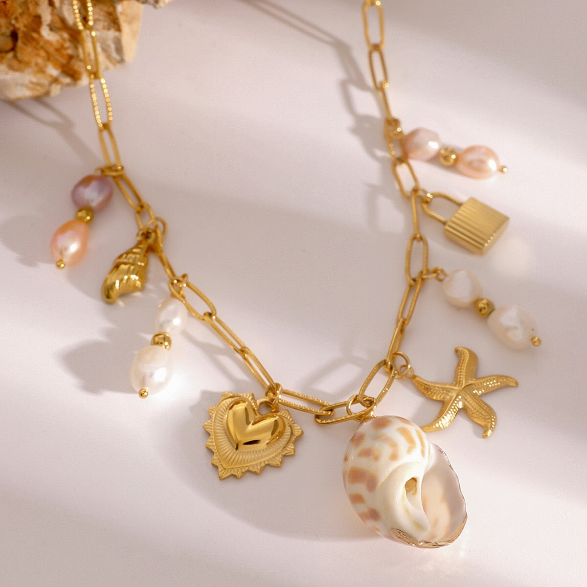 18K Gold Summer Seashell Pearl Statement Charm Necklace