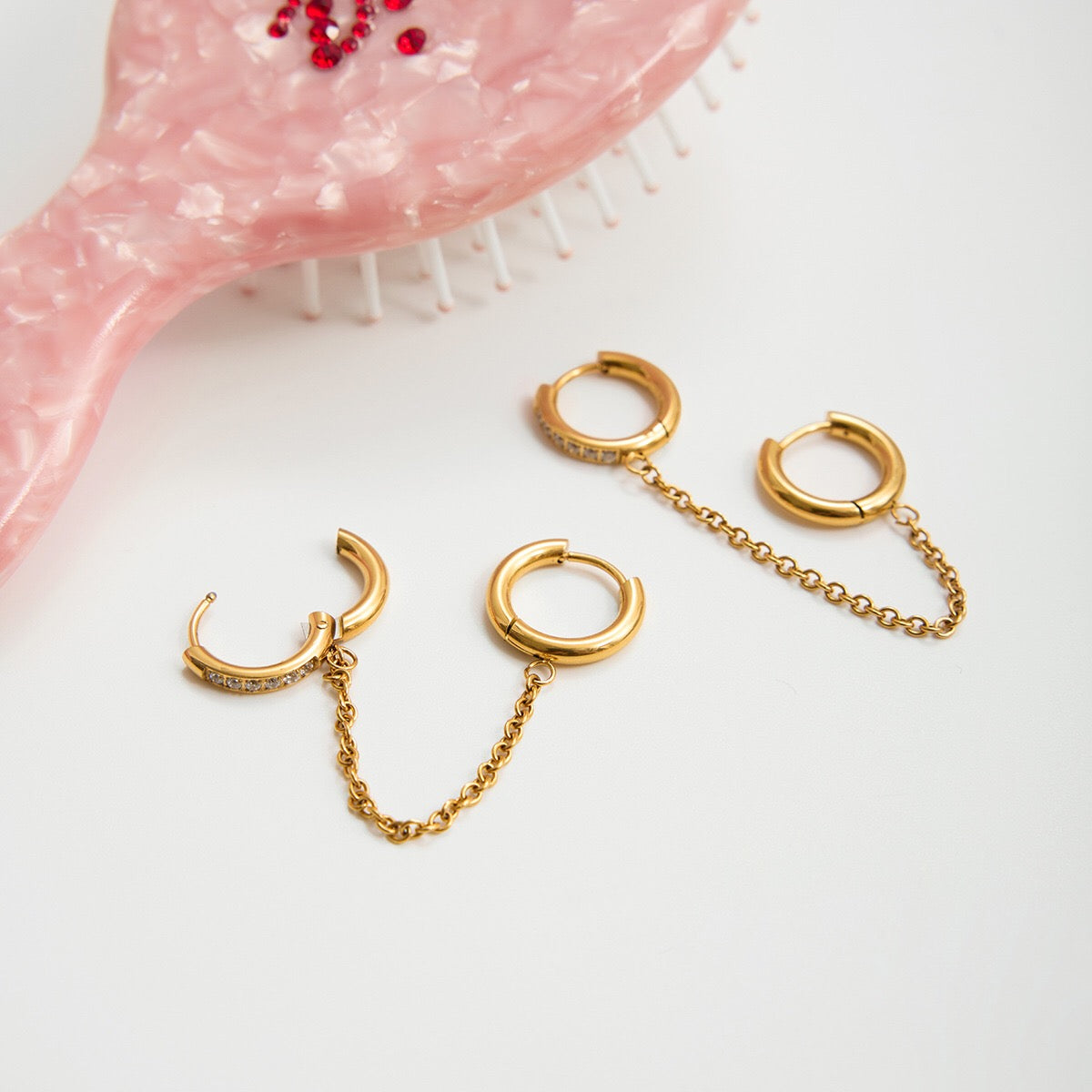 18K Gold Sweet Tangle Small Hoop Huggie Dangle Drop Chain Earrings