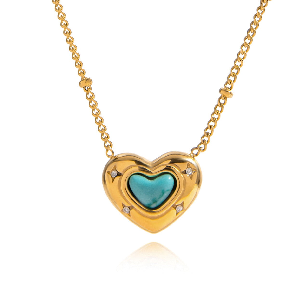 18K Gold Natural Stone Stars Adorned Dainty Heart Pendant Necklace