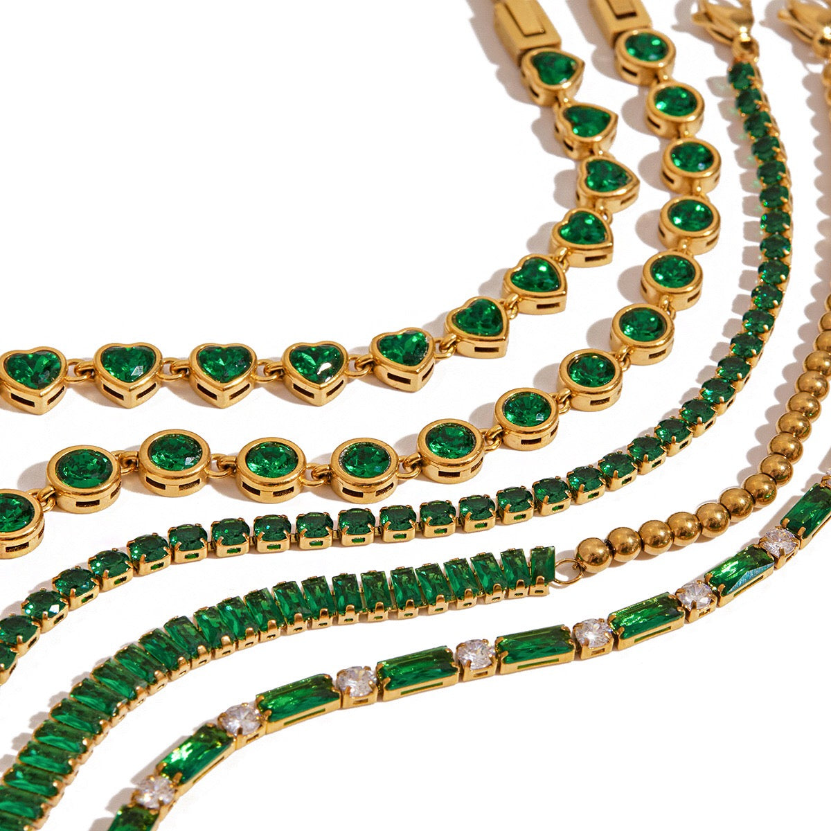18K Gold Green Royale Emerald Tennis Chain Bracelet Stack
