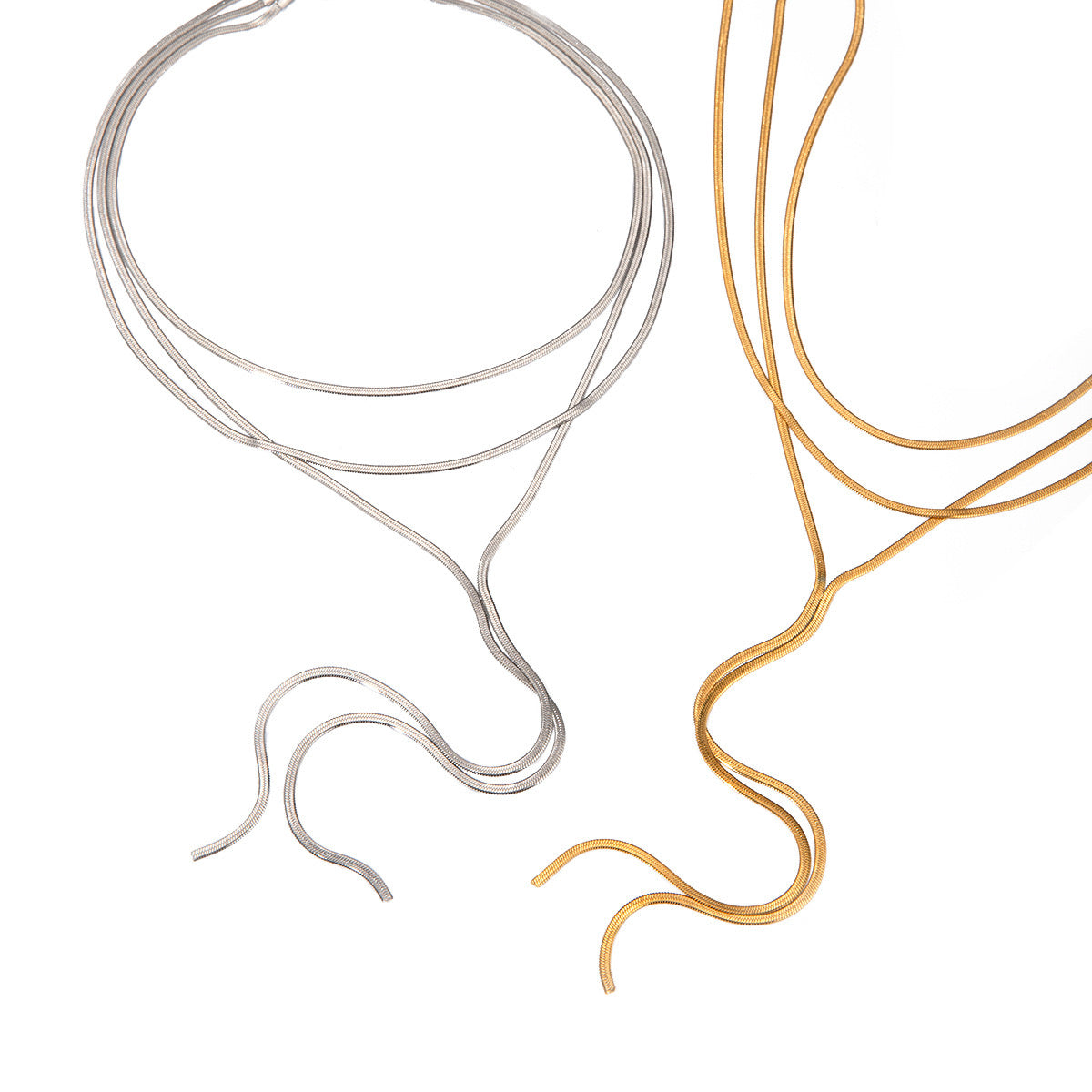 18K Gold Herringbone Chain Layered Lariat Necklace