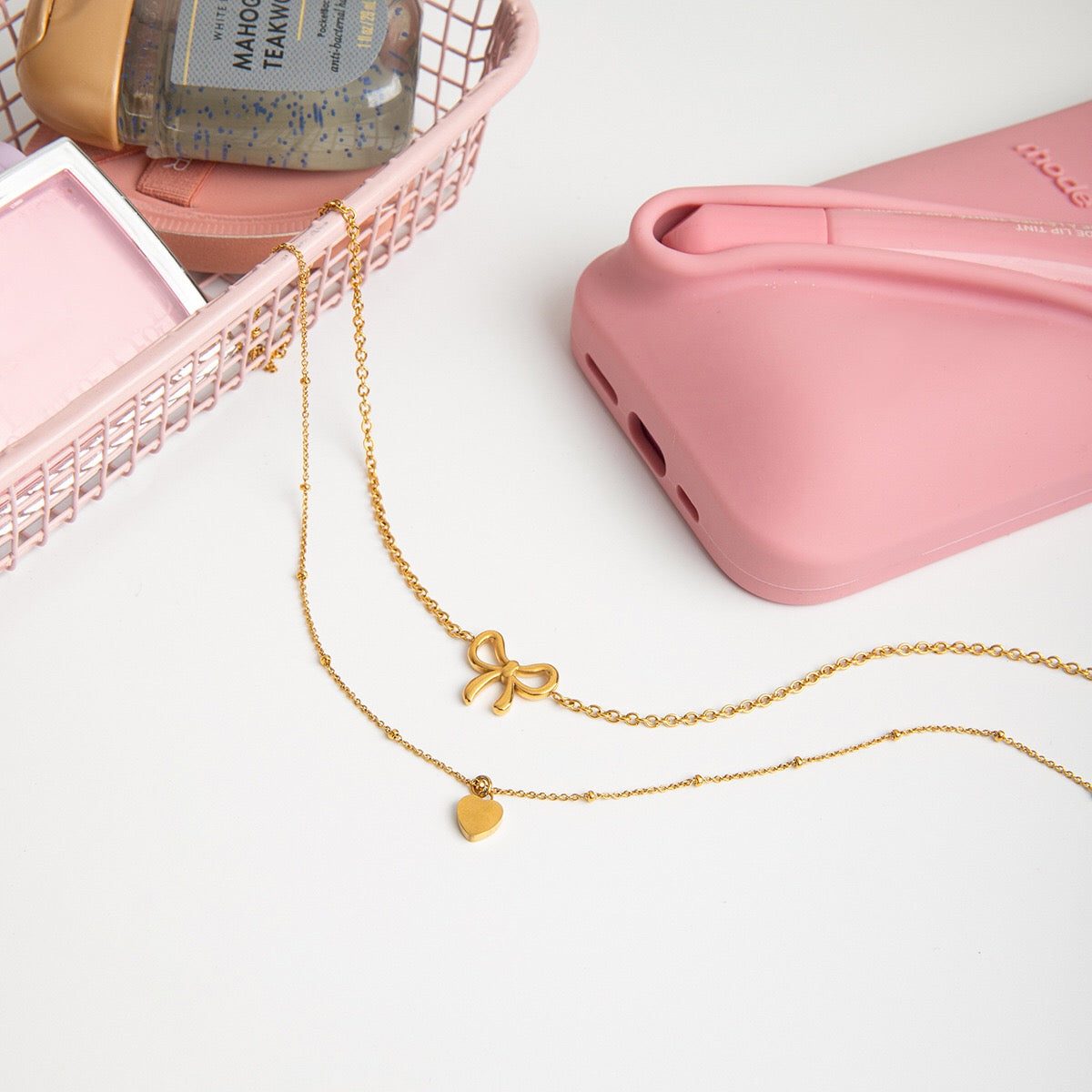 18K Gold Dainty Heart Bow Pendant Double Chain Layered Necklace Set