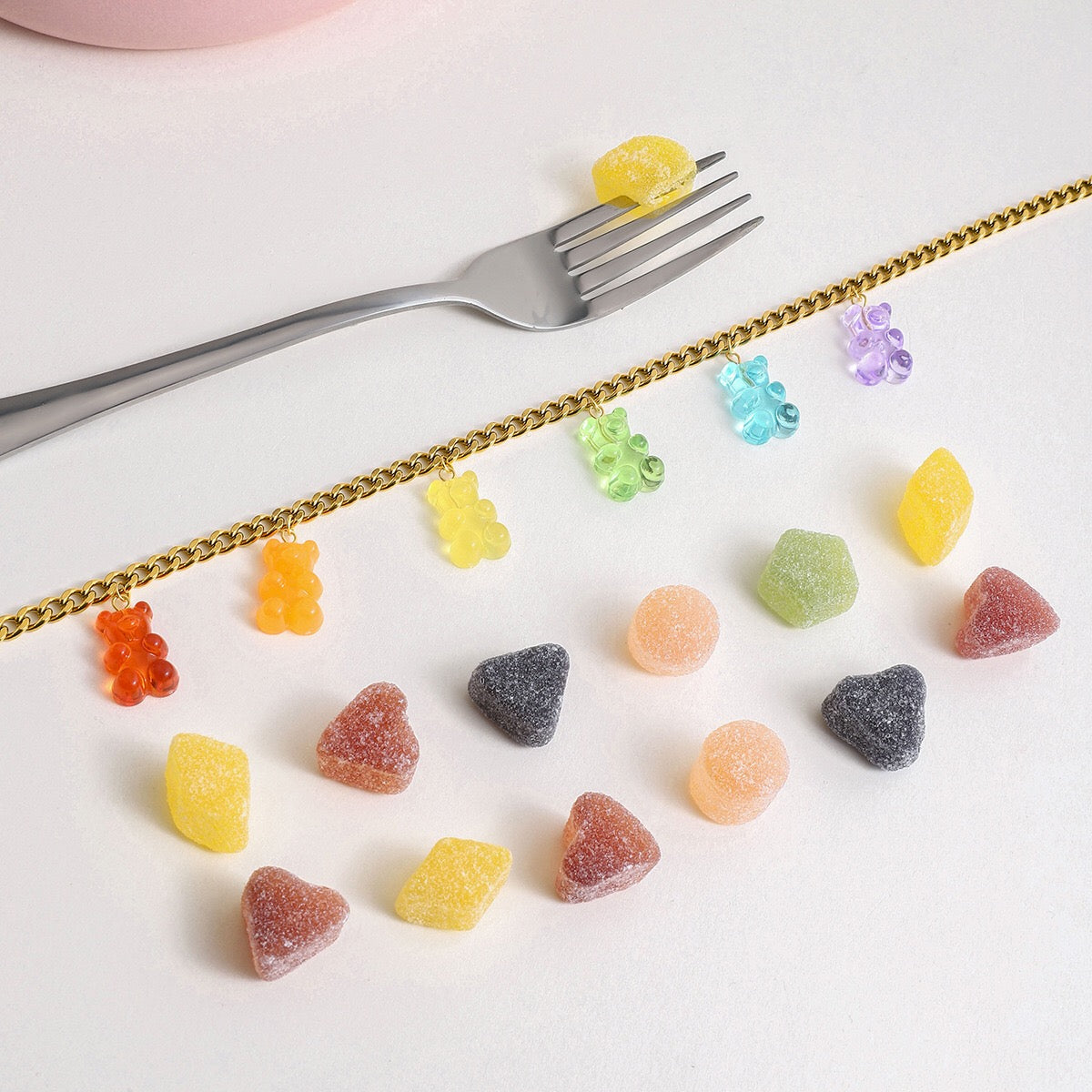 18K Gold Rainbow Color Gummy Bear Cuban Link Statement Charm Necklace