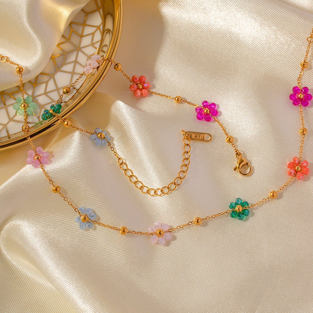 18K Gold Beaded Flower Necklace