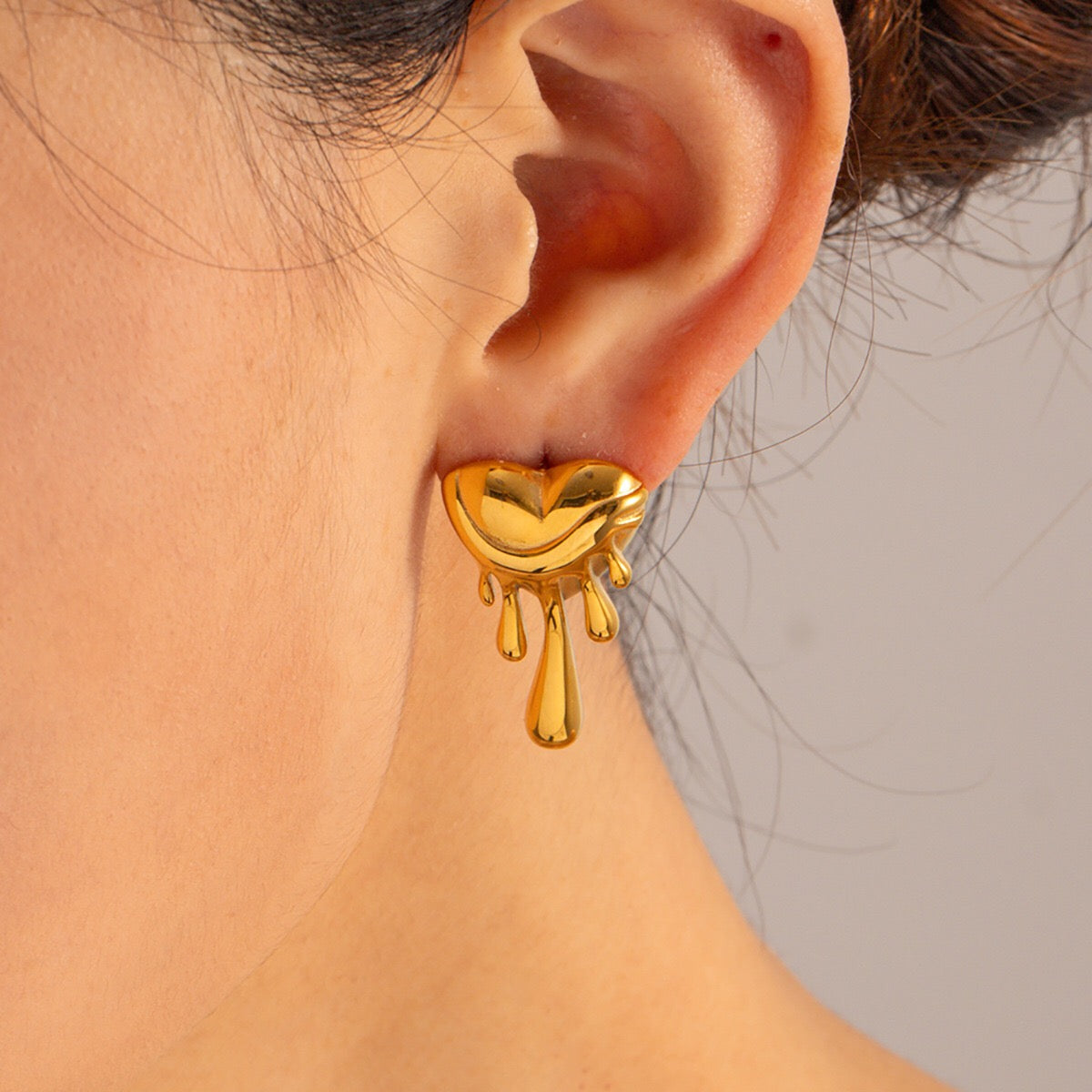 18K Gold Melting Heart Statement Stud Earrings