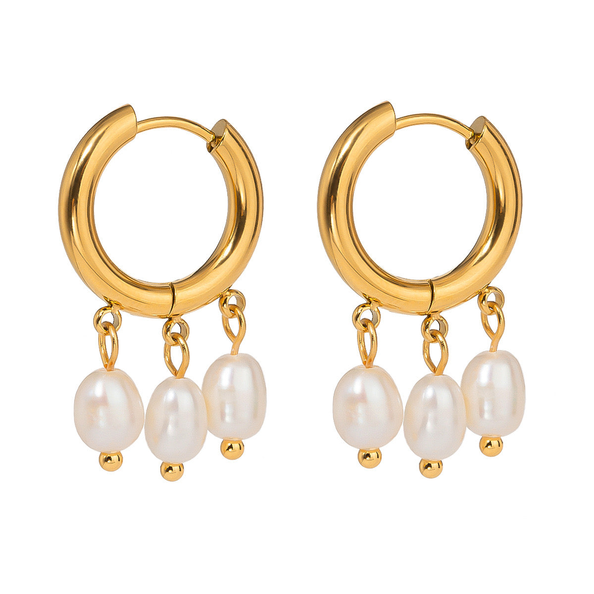 18K Gold Dangle Pearl Huggie Earrings