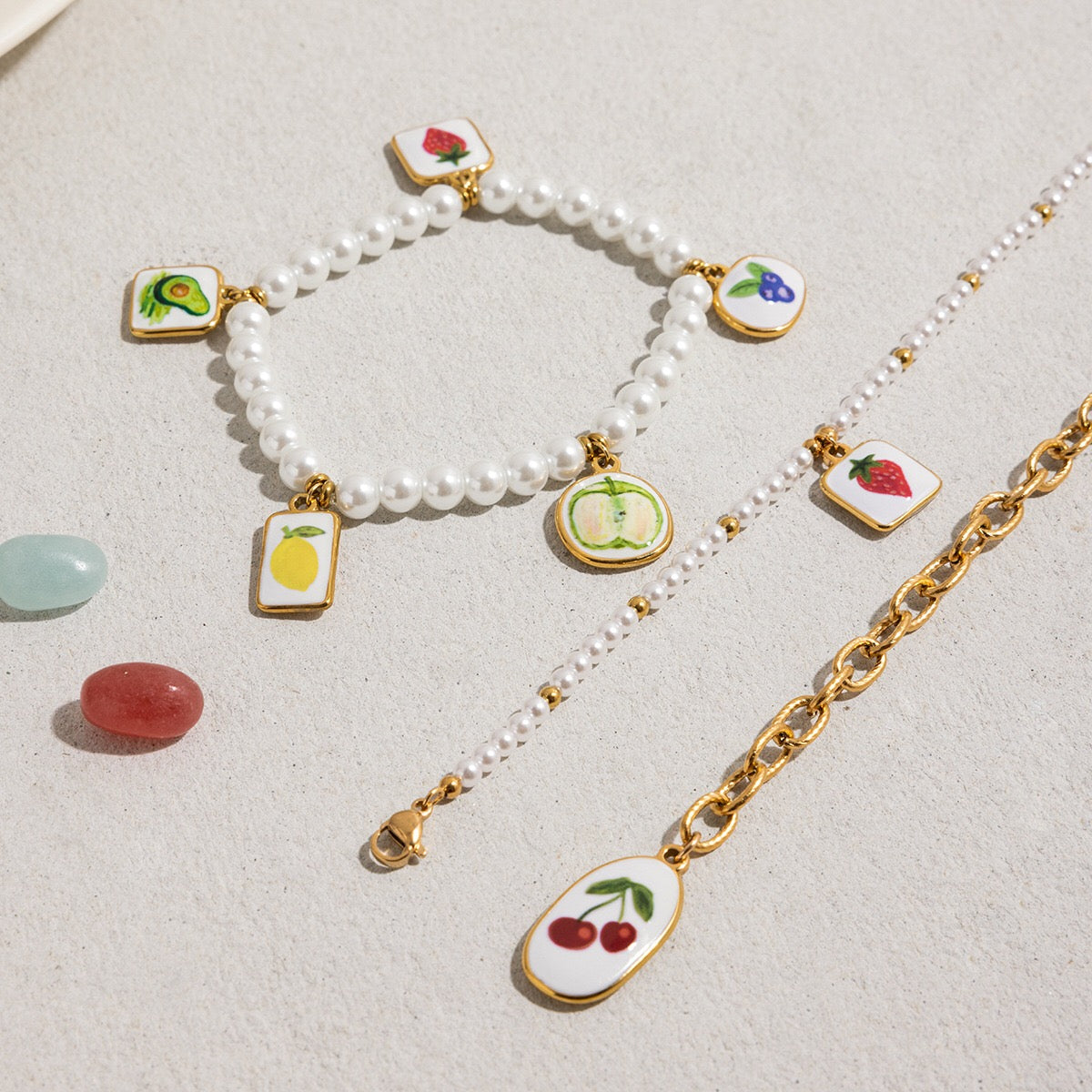 18K Gold Tropical Fruit Charm Pearl Chain Bracelet Stack
