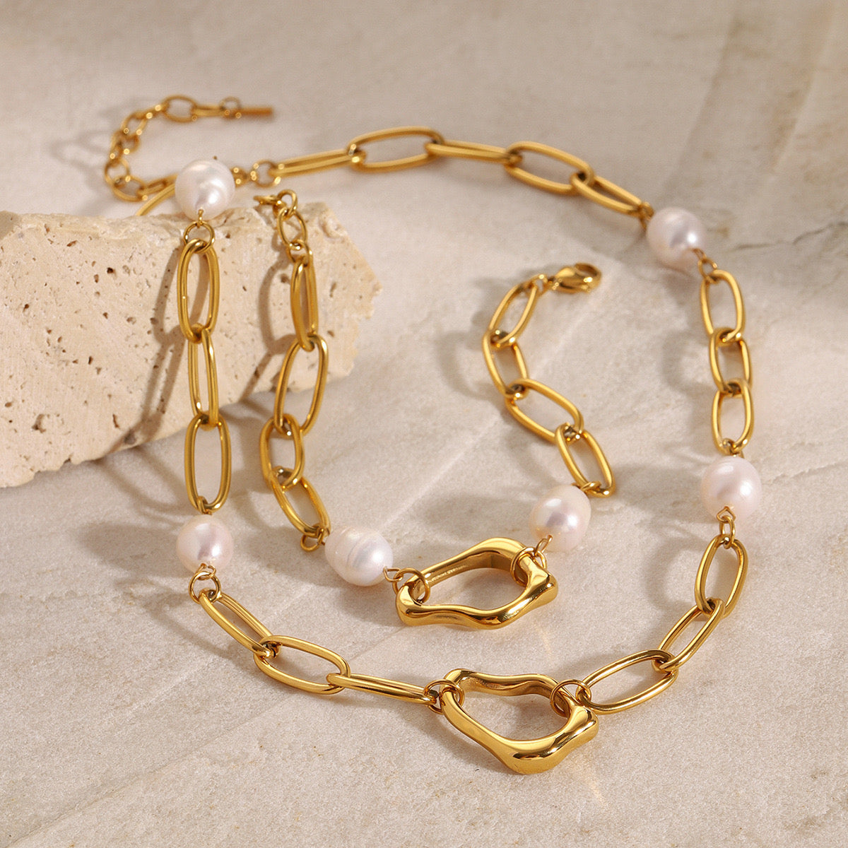 18K Gold Paperclip Chain Pearl Beads Bracelet