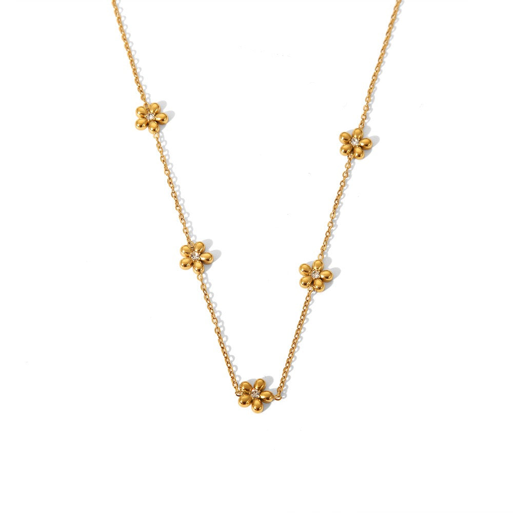 18K Gold Beaded Flower Chain Collar Necklace
