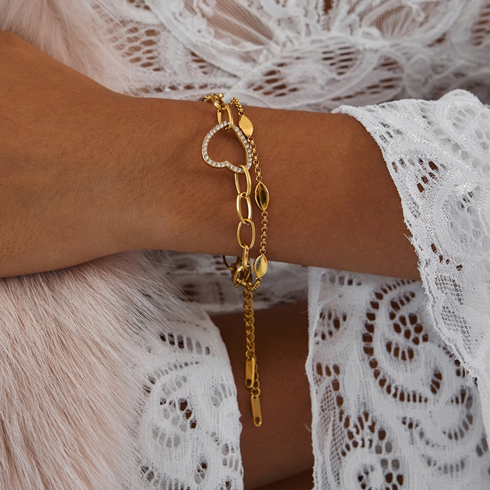 18K Gold Bling Heart Circle Chain Bracelet