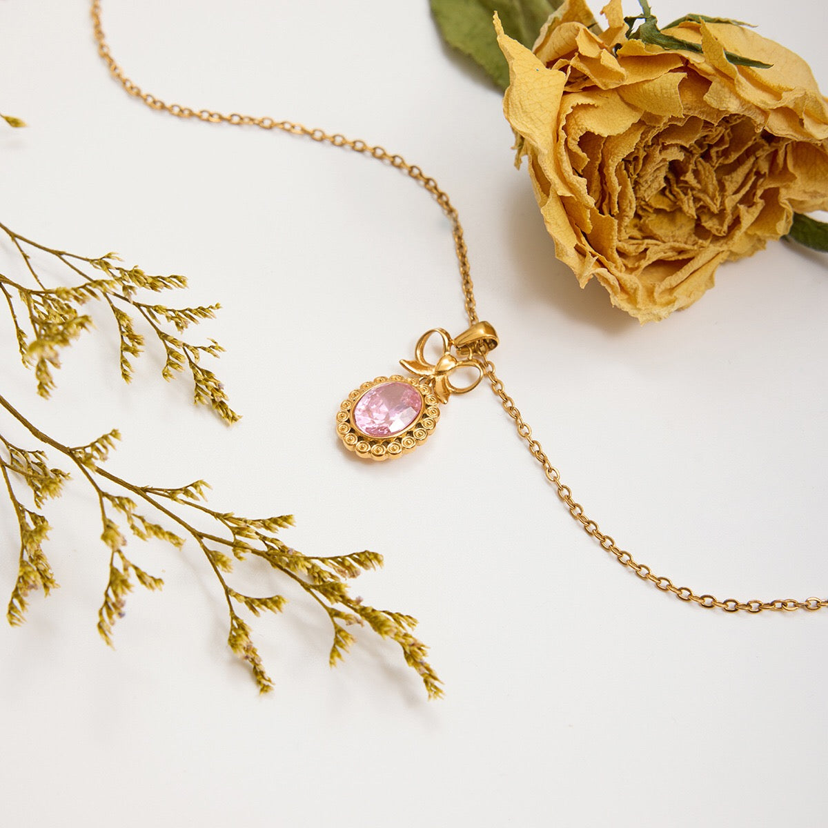 18K Gold Pink Majesty Bow Pendant Necklace