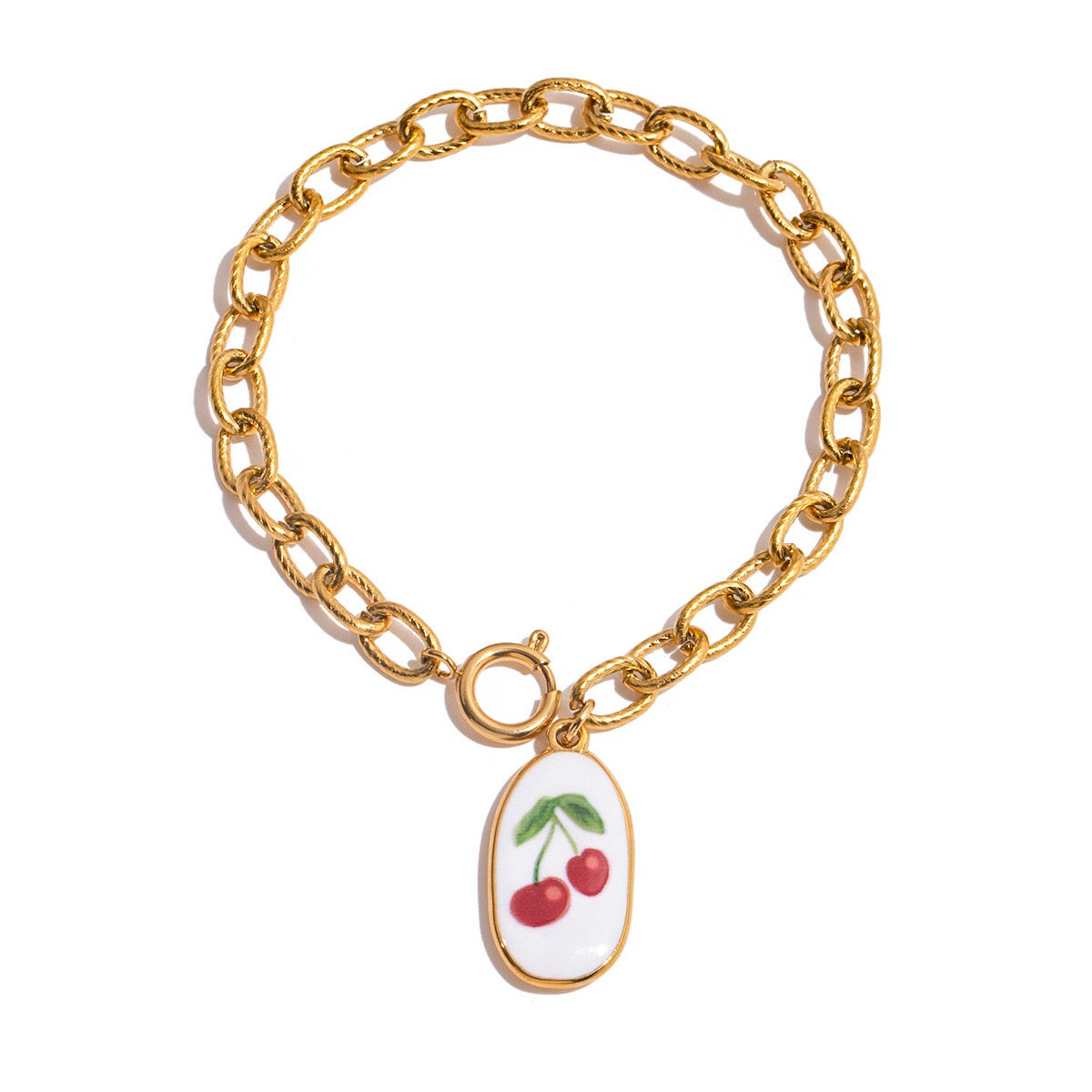 18K Gold Tropical Fruit Charm Pearl Chain Bracelet Stack