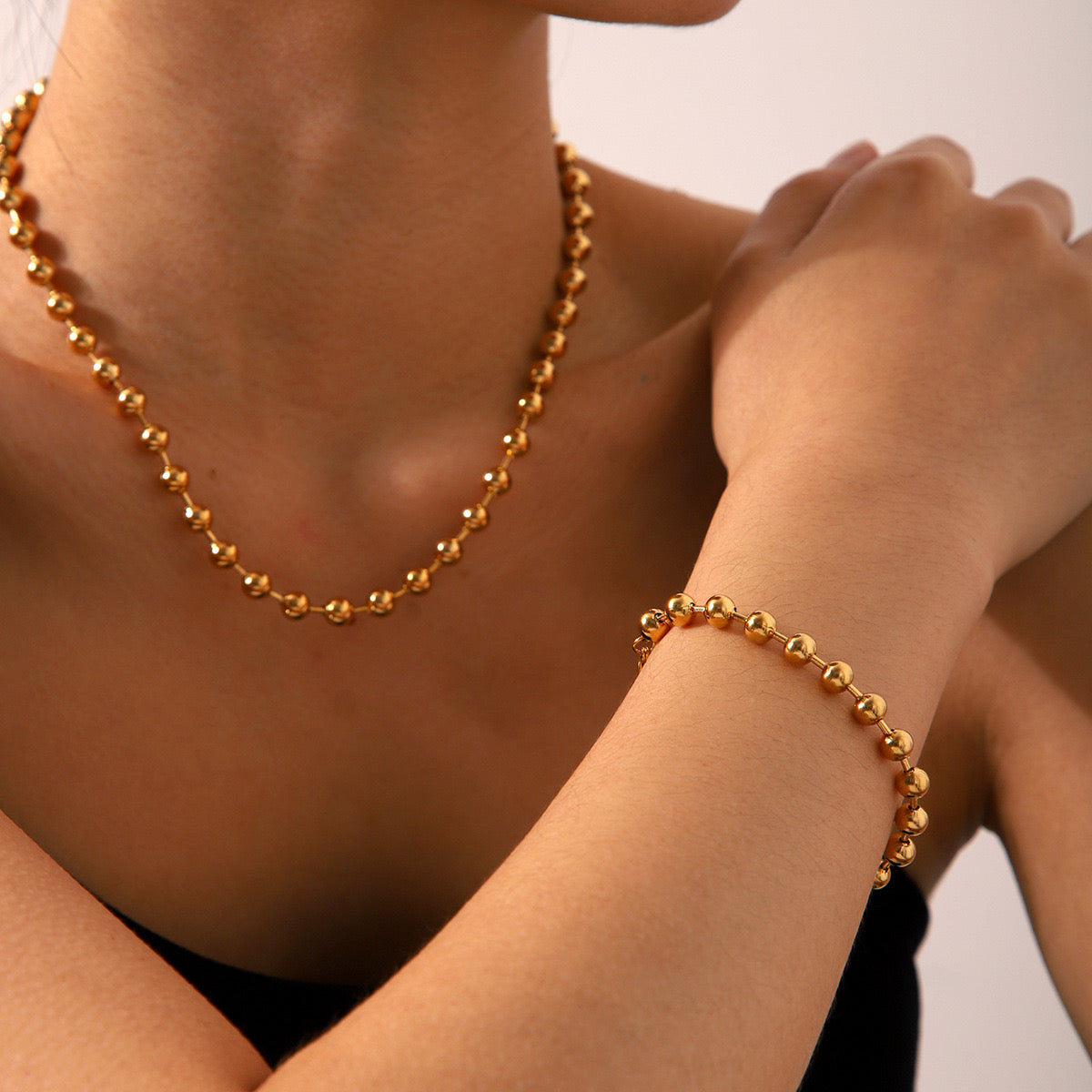 18K Gold Chic Ball Chain Beaded Collar Necklace