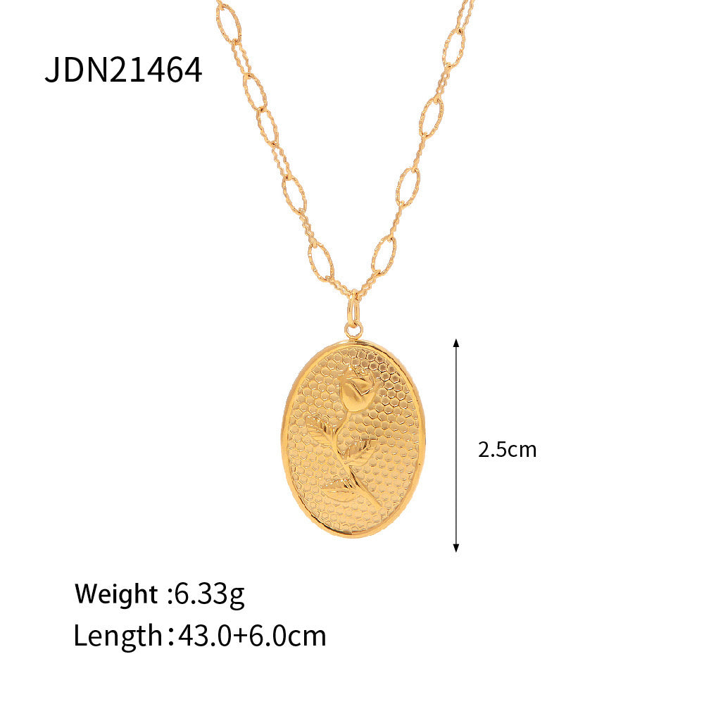 18K Gold Rose Oval Plate Pendant Necklace