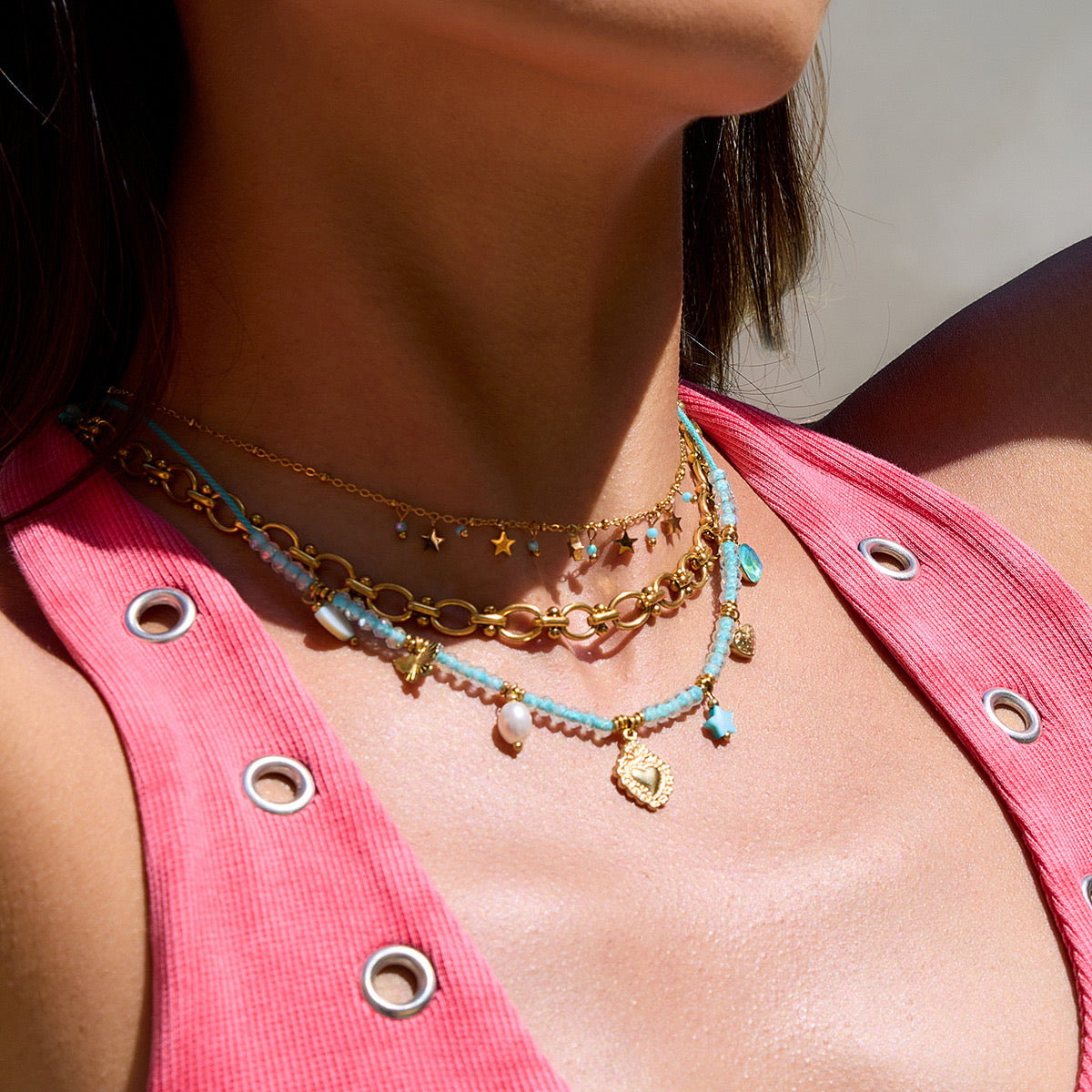 18K Gold Seaside Fantasy Blue Beads Heart Charm Circle Chain Layered Necklace Set