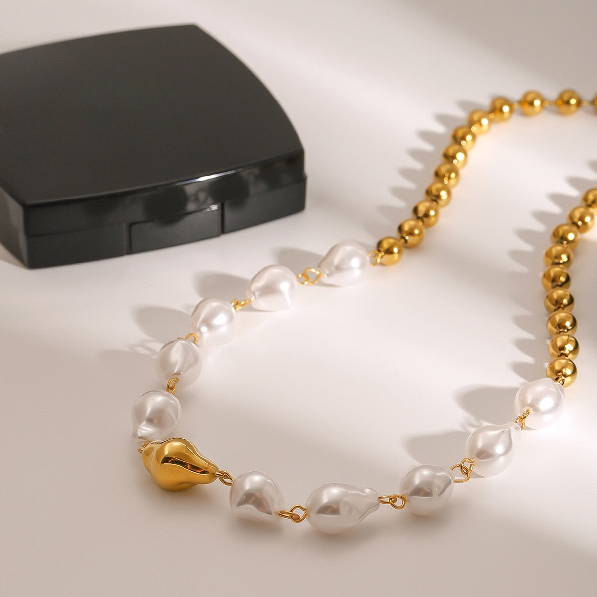 18K Gold Chunky Baroque Pearl Ball Chain Beaded Statement Necklace