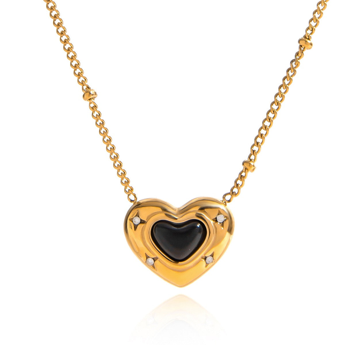 18K Gold Natural Stone Stars Adorned Dainty Heart Pendant Necklace