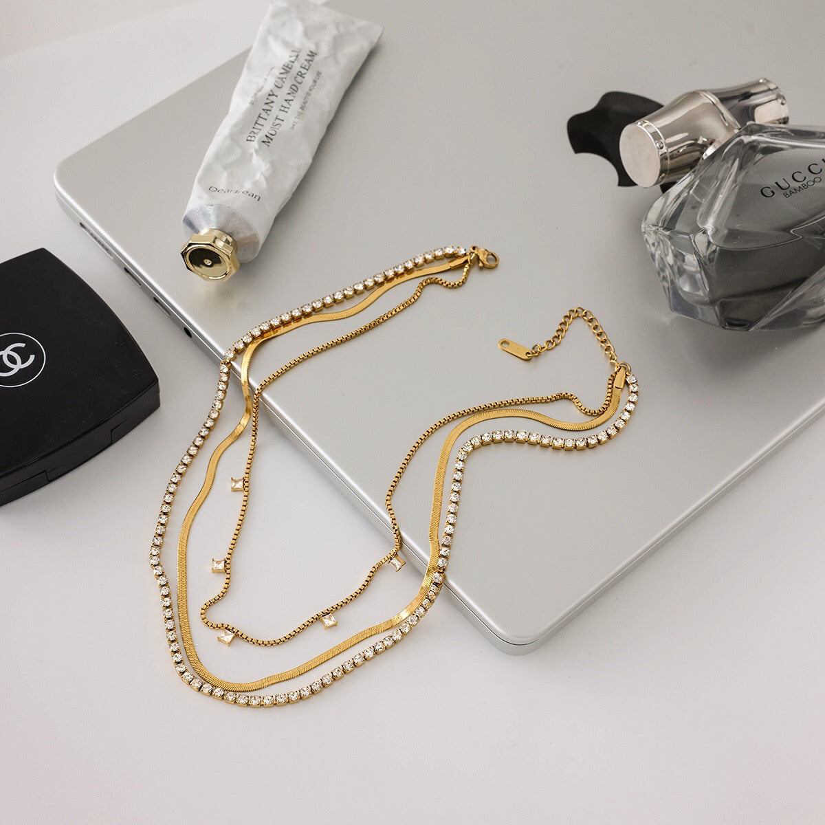 18K Gold Lavish Tennis Herringbone Snake Chain Dainty Layered Necklace Set
