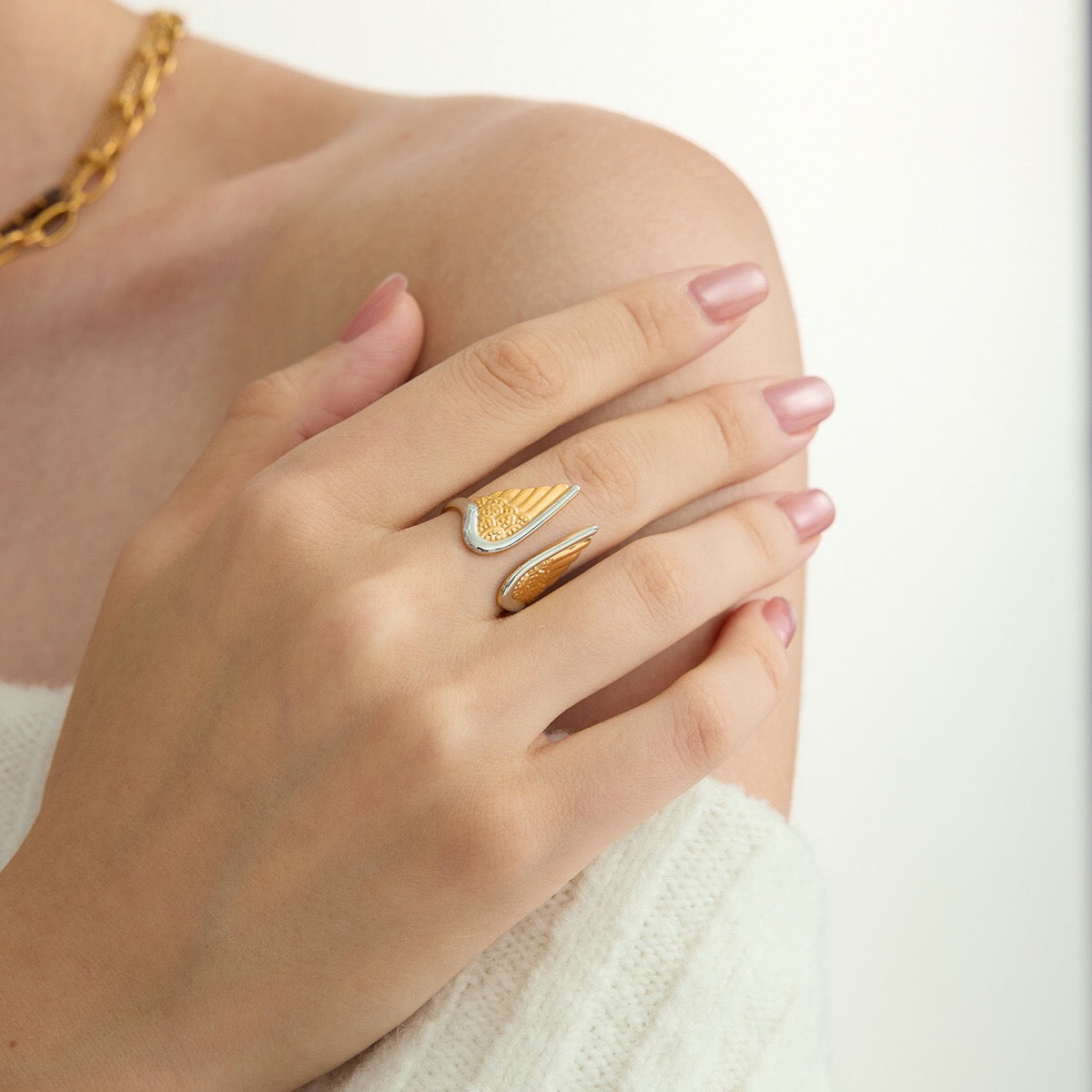 18K Gold and Silver Two Tone Angel Wings Cuff Ring
