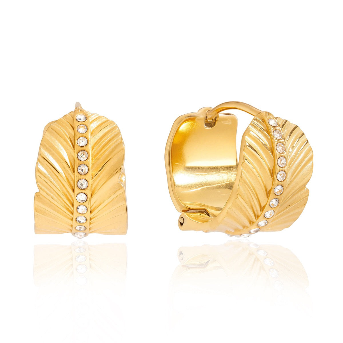 18K Gold Gentle Breeze Leaf CZ Small Hoop Huggie Earrings