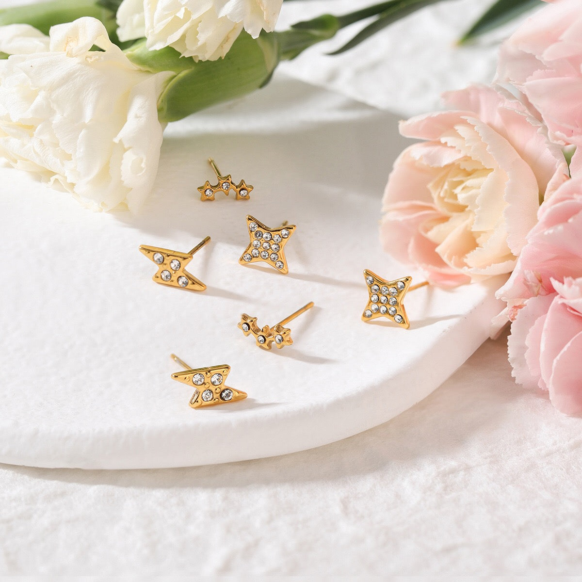 18K Gold Dainty Starry Studs Cartilage Earrings Set