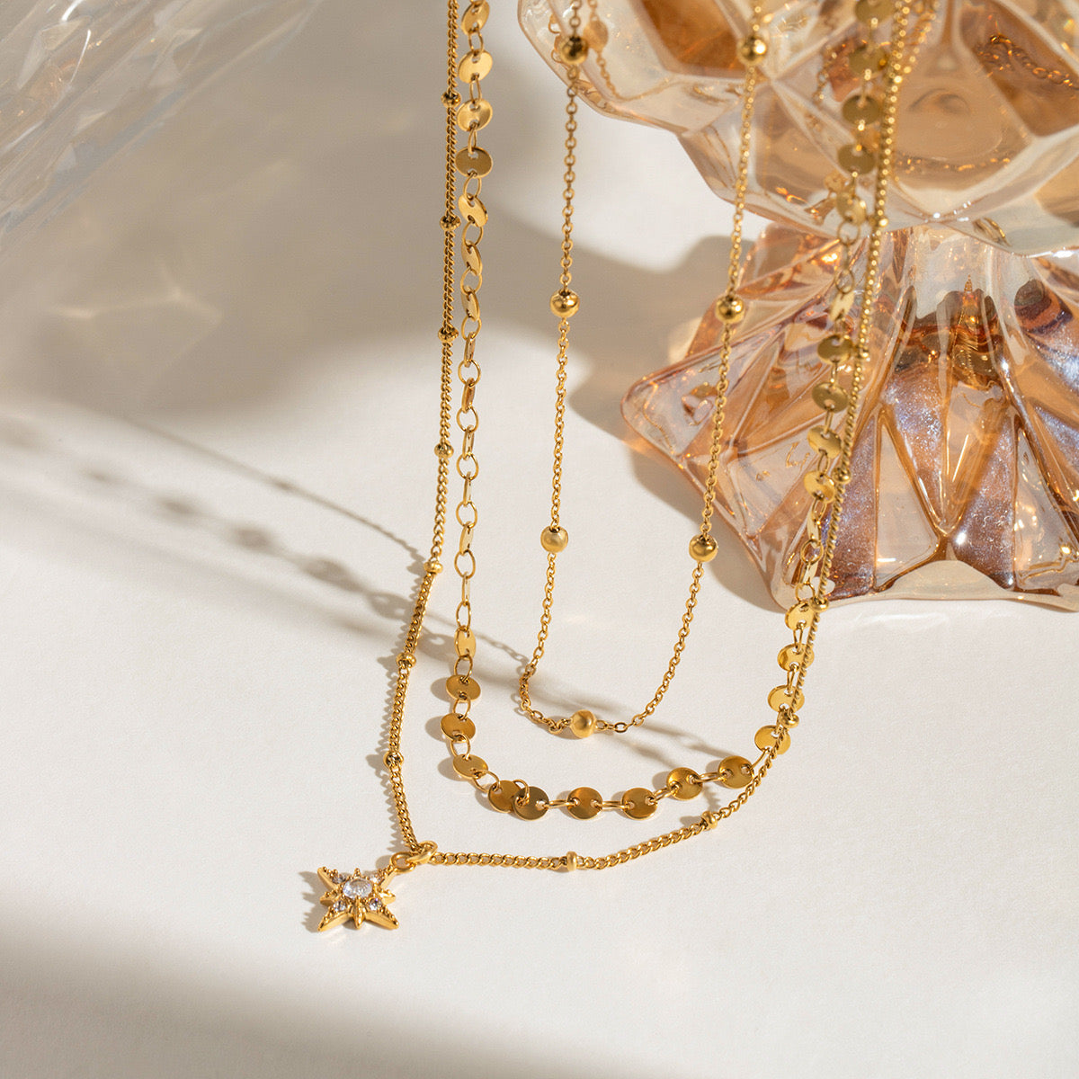18K Gold Northern Star Pendant Chain Layered Necklace Set