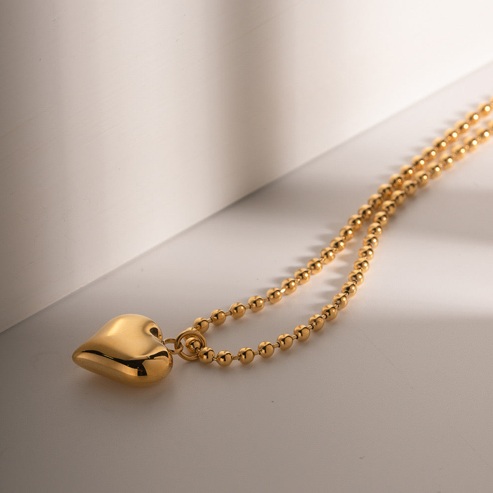 18K Gold Heart Pendant Small Ball Chain Necklace