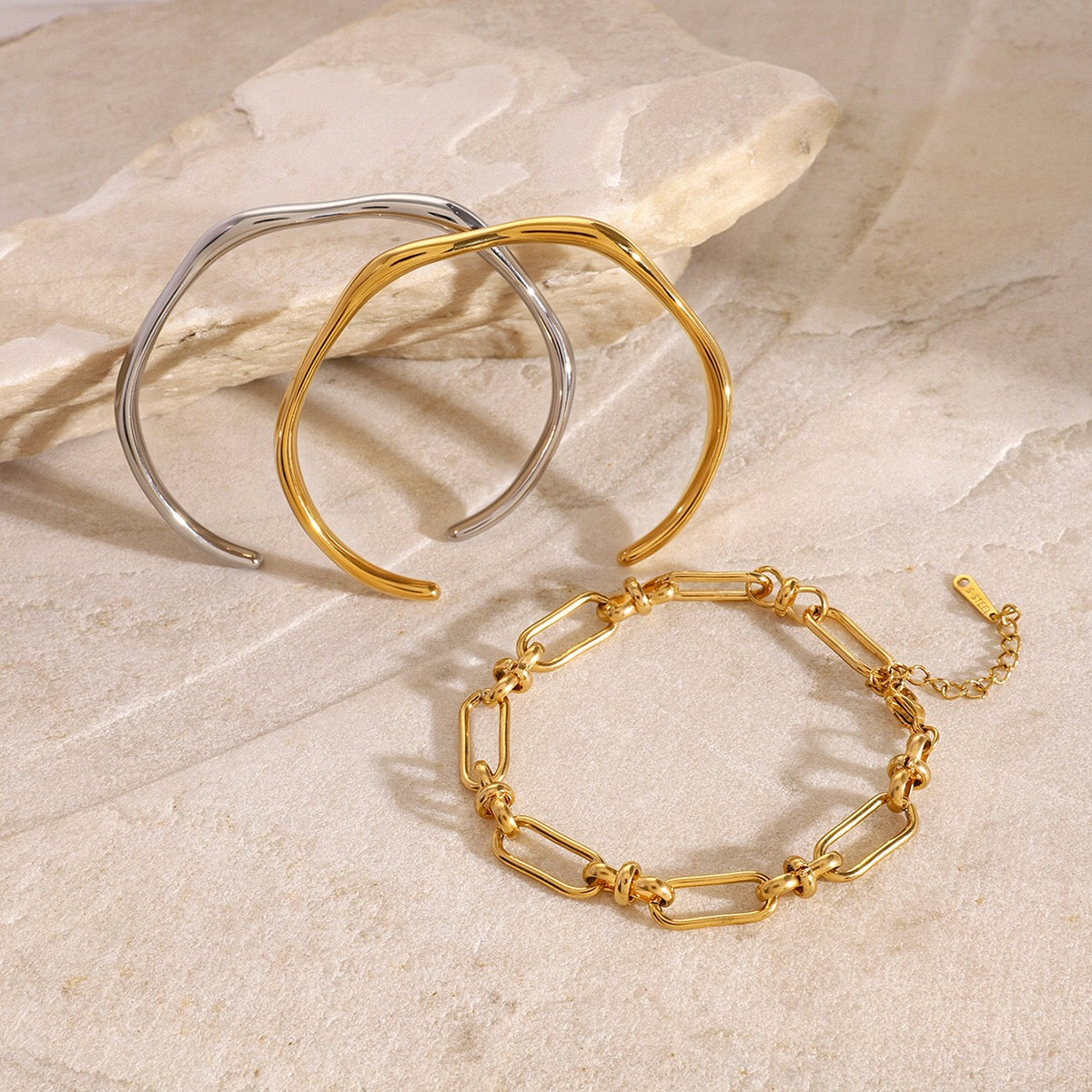 18K Gold Heatwave Paperclip Chain Bracelet Cuff Bangle Stack