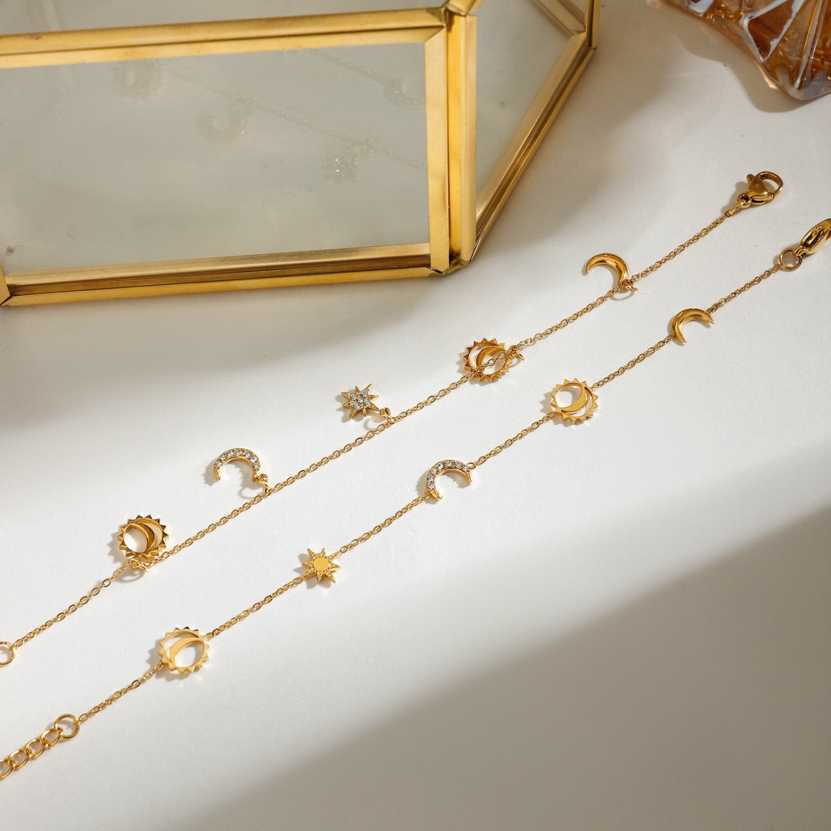 18K Gold Moon and Star Celestial Charm Chain Bracelet