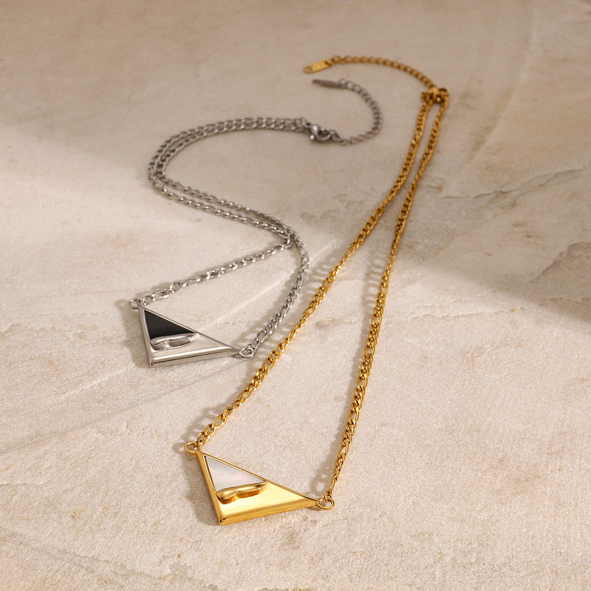 18K Gold Mother of Pearl Triangle Pendant Figaro Chain Necklace