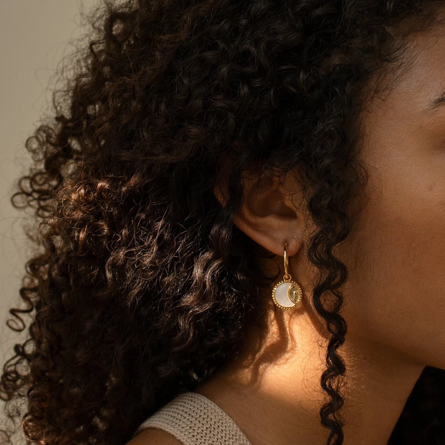 18K Gold Sun Coin Small Hoop Huggie Earrings with Charm