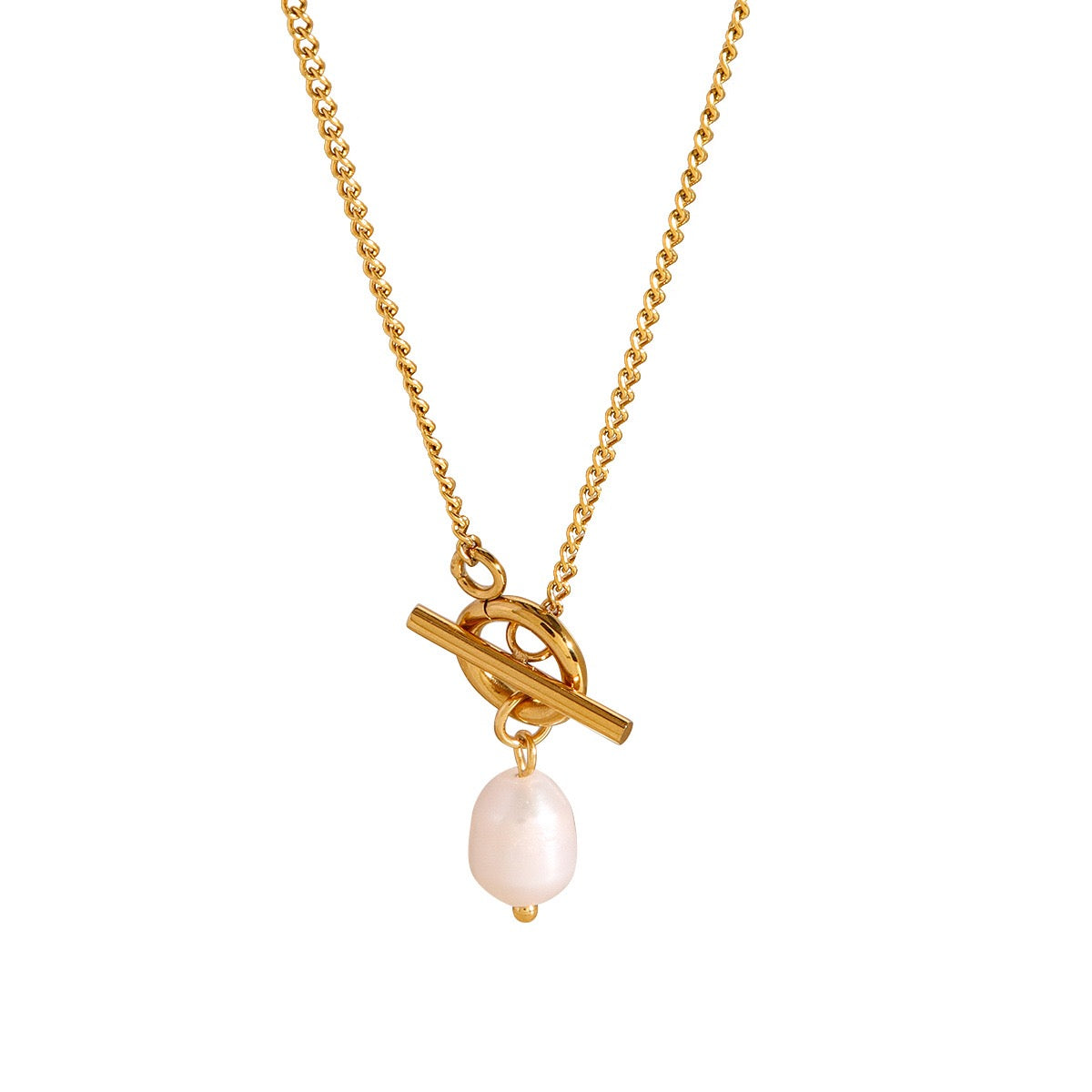 18K Gold Simple Pearl Pendant Toggle Chain Necklace