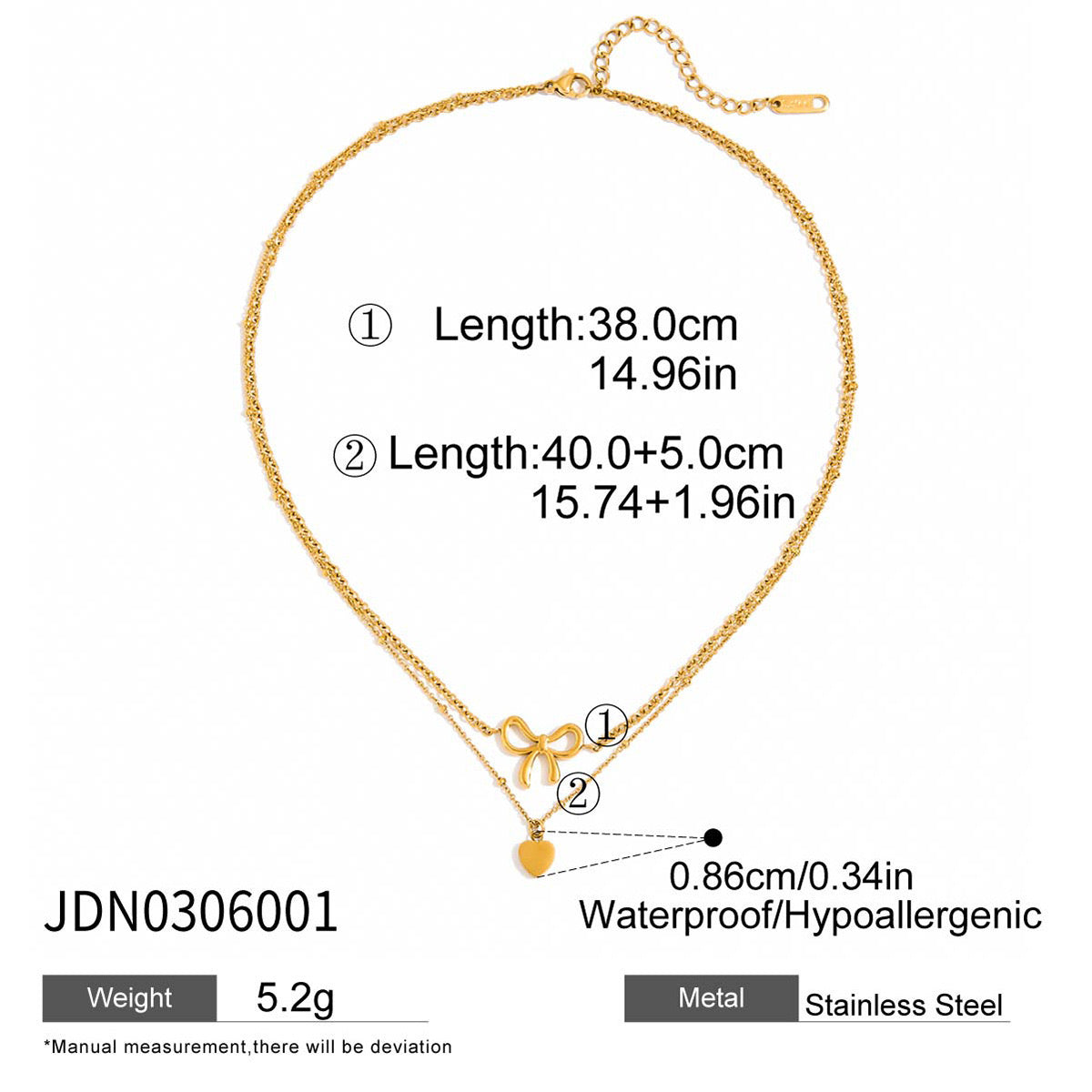 18K Gold Dainty Heart Bow Pendant Double Chain Layered Necklace Set